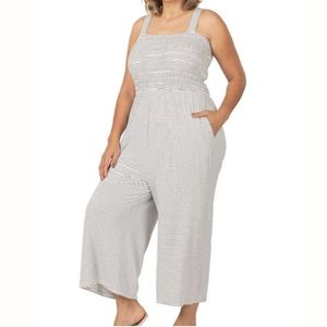 Zenana Outfitters Striped White Black Cropped Jumpsuit Size 2X